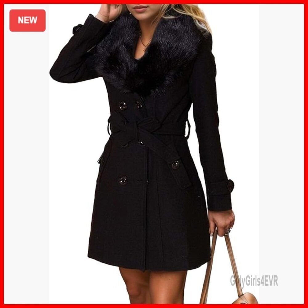 Wool Blend Faux Fur Trench Coat Long Sleeve Belted Winter Dress Coat